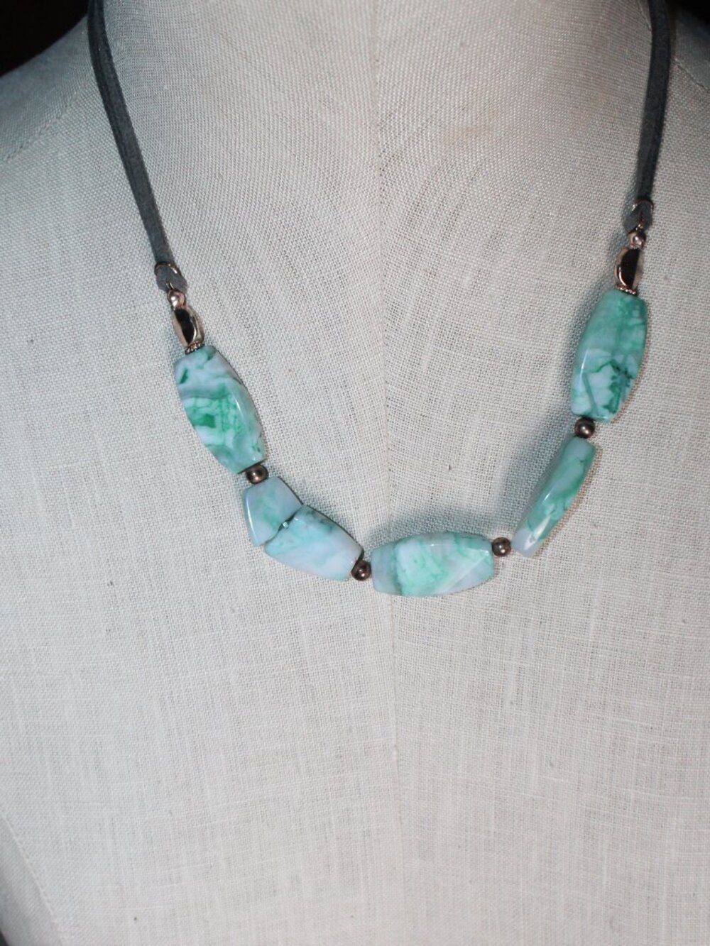 C est 1946 Chunky Blue Turquoise Stone 20" Faux Suede Cord Necklace